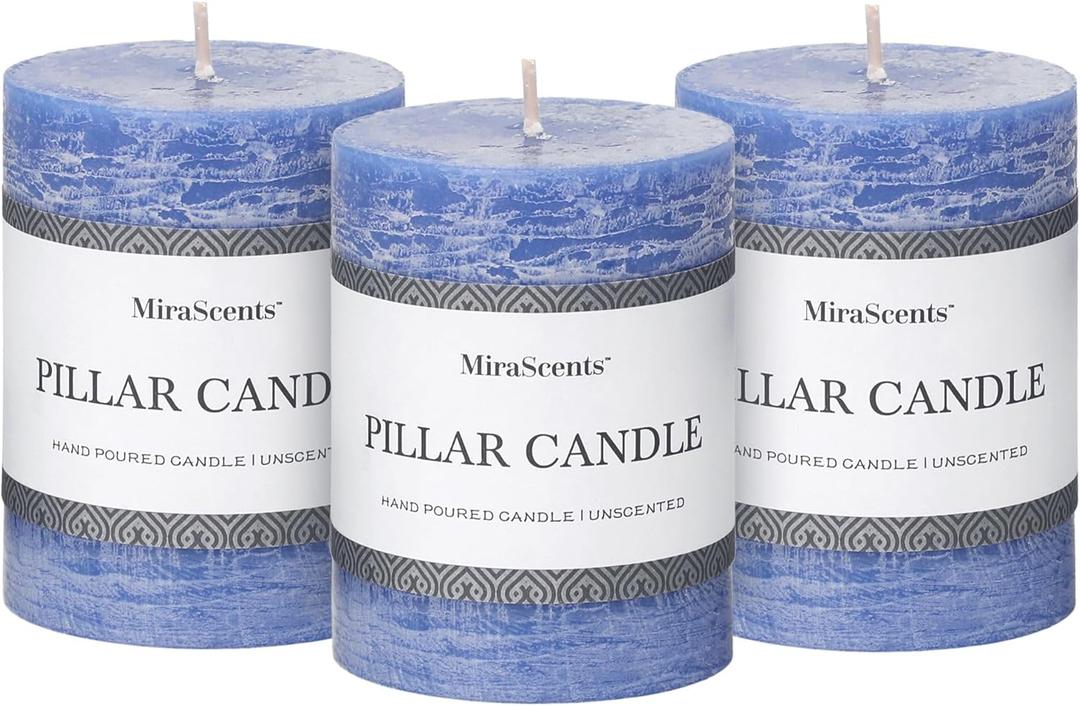 3x4 Inch Blue Pillar Candles Set of 3 - Hand-Poured Unscented Candles, Long Clean Burning, Large Big Candle, Smokeless Dripless Candle for Dinner Table, Wedding, Home, Bathroom, Rustic Decor