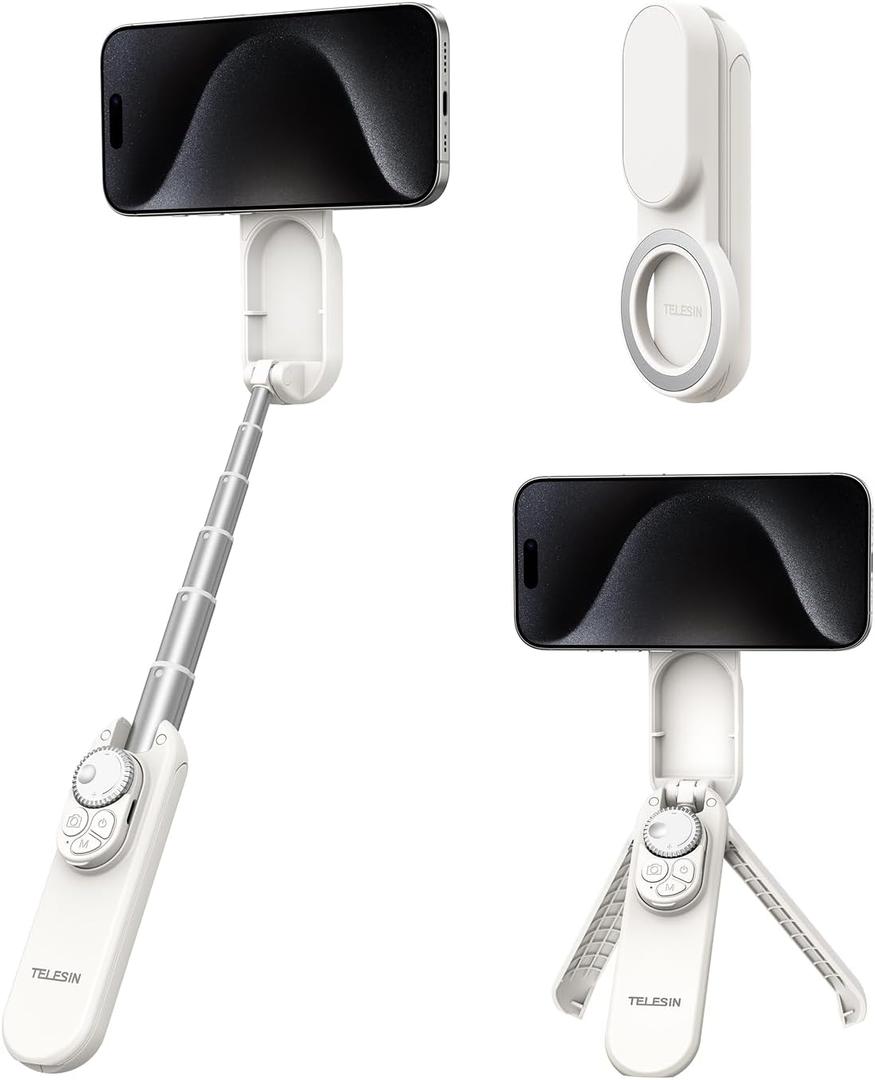 TELESIN Magnetic Mini Selfie Stick, Phone Tripod for iPhone 17 16 15 & Android, Portable Pocket-Size Phone Stand with Zoom Remote Control, Mag-Safe Tripods for Desk/Solo Travel/TikTok Content Creation