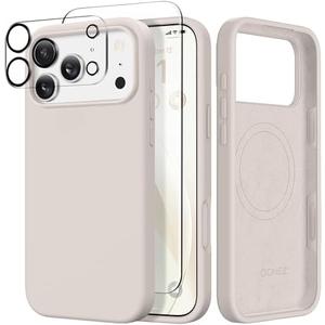 GONEZ Magnetic for iPhone 17 Pro Case, Compatible with MagSafe, [Screen Protector + Camera Lens Protector], Liquid Silicone Anti-Scratch Shockproof Protective Phone Case 6.3 inch, Stone