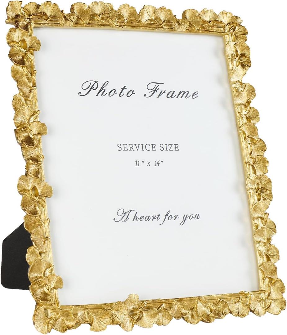 Cuspin 11x14 Picture Frame Vintage Gold Frames, Ornate Leaf Textured Hand-Crafted Resin with Glass Front, Gold Picture Frames for Tabletop Display, Retro Design Home Decor
