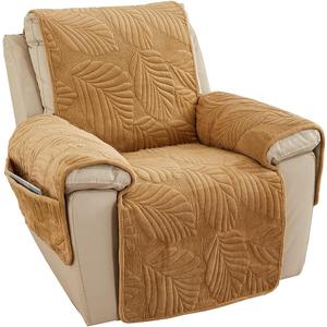 vctops Palm Leaves Velvet Plush Quilted Recliner Chair Cover Anti-Slip Super Soft Furniture Protector with Elastic Straps for Kids, Dogs, Pets, Khaki