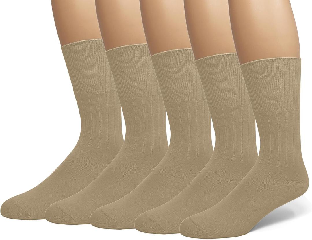 EMEM Apparel Men's Diabetic Dress Crew Cotton Socks | Non-Binding Loose Top | Seamless Toe (10-13, Khaki, 5-pack)