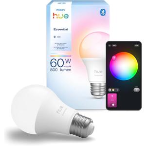 Philips Hue Essential Smart LED A19 Bulb, White and Color Ambiance, E26 Base, 8.8W, 2200K-6500K, 800 Lumens, Dimmable, Works with Alexa, Google, and Apple Home, 1-Pack