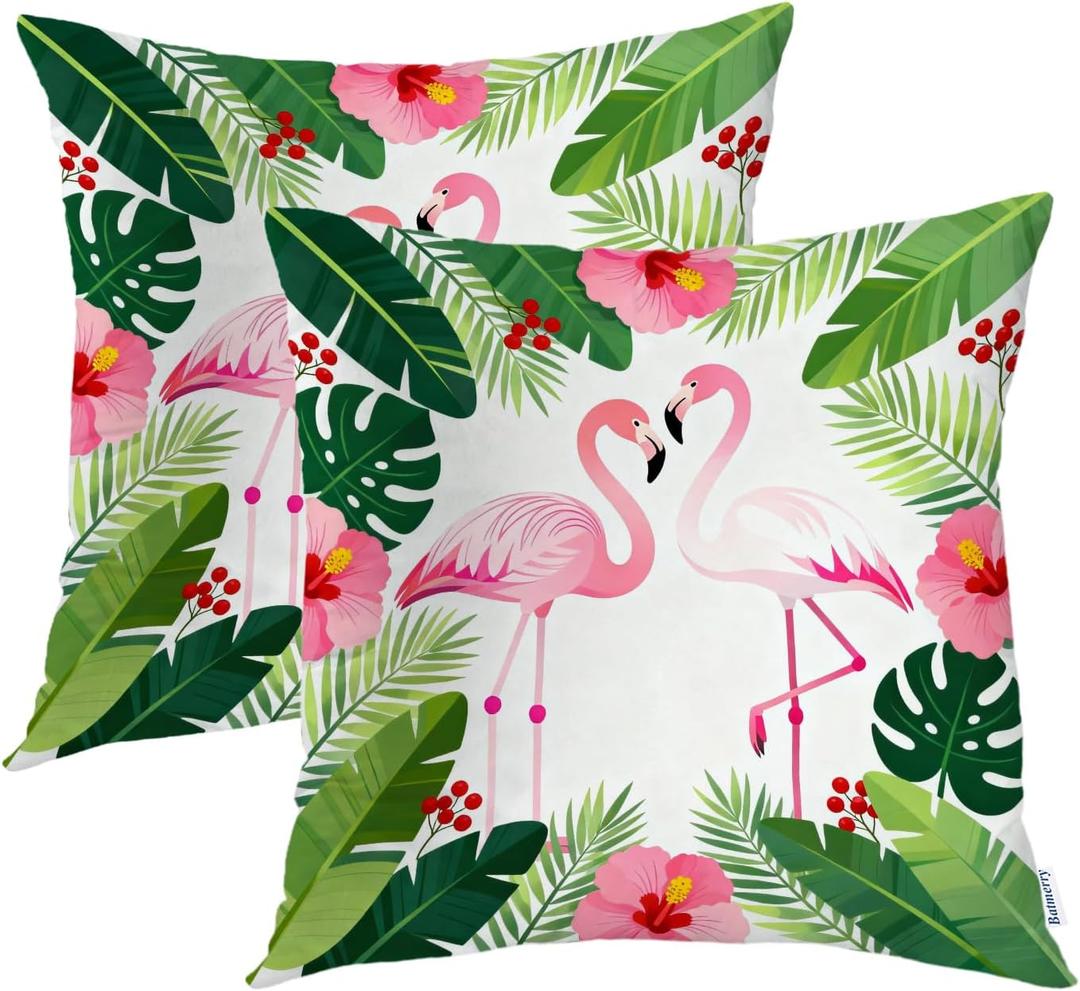 Batmerry Green Plam Pillow Covers 16x16 Inch Set of 2, Flamingo Tropical Leaves of Palm Tree Double Sided Square Throw Pillow Covers Sofa Decorative Pillowcase Cushion (Summer Flamingo Pineapple Pink)