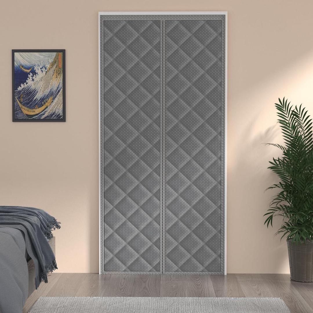 Magnetic Thermal Insulated Door Curtain, Durable Oxford Cloth&Thicken Polyester Fiber Fill Made, Fits Door Size 34" x 80" Soundproof Door Curtain Weatherproof and Windproof. (34" x 80", Grey)