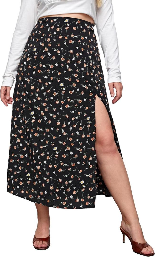 Floerns Women's Boho Floral High Waist Split A Line Midi Skirt, 3X-Large Plus