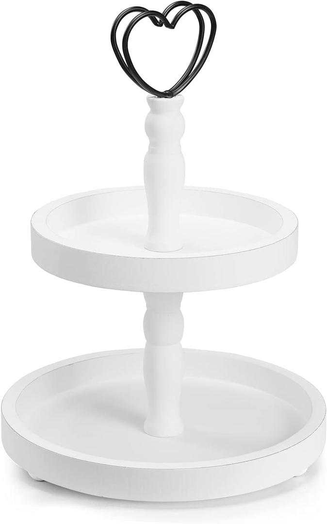 Two Tiered Tray Stand, White Tiered Decorative Tray for Vintage Decor, Round Wooden Serving Tier Tray(White)