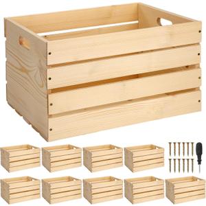 10 Pcs Large Pine Wooden Crates for Storage Unassembled 16.5 x 12.6 x 9.5'' Natural Wood Decorative Boxes Containers with Handle for Display Rustic Decor DIY Office Home Retail Art Craft