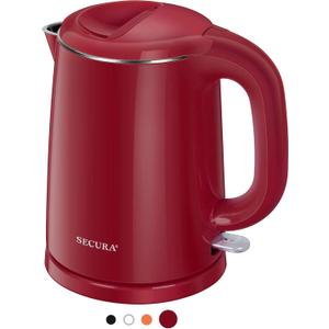 Secura Stainless Steel Double Wall Electric Kettle Water Heater for Tea Coffee w/Auto Shut-Off and Boil-Dry Protection, 1.0L (Red) SWK-1001DR/HB-K012