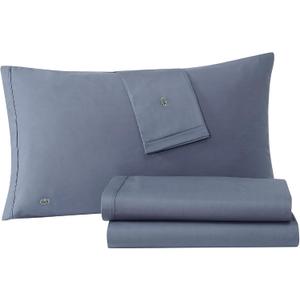 Lacoste 100% Cotton Percale 4-Piece Sheet Set Crisp Cool Breathable All-Season Bedding, Oeko-Tex Certified, Soft Matte Finish, Durable Premium Cotton Solid, Vintage Indigo, Queen