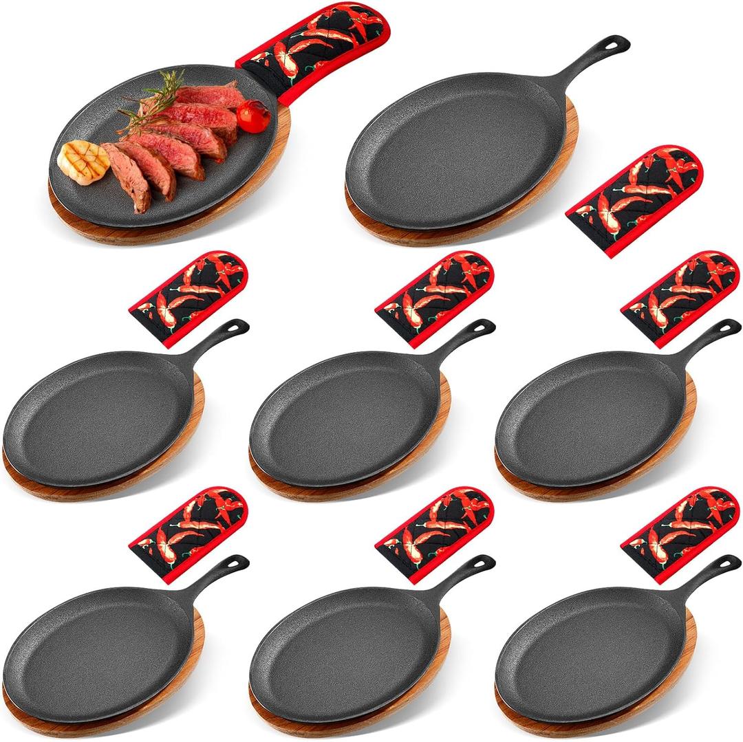 Lallisa 8 Sets Cast Iron Fajita Plate Set Fajita Plate Pan with Wooden Tray Anti Scald Protection Hot Mitt Cast Iron Skillet Set for Home Barbecue Kitchen Party Restaurant Catering Service