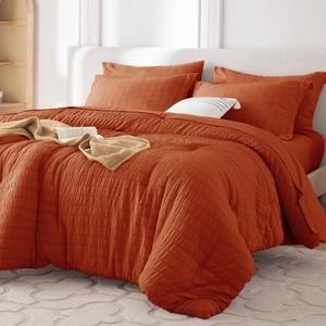 MUXHOMO 7 Pieces Queen Comforter Set, Seersucker Bed in a Bag Queen Size, All Season Luxury Bedding Set with Comforter, Flat Sheet, Fitted Sheet, Pillowcases & Shams, Burnt Orange (Queen (88"x88"))