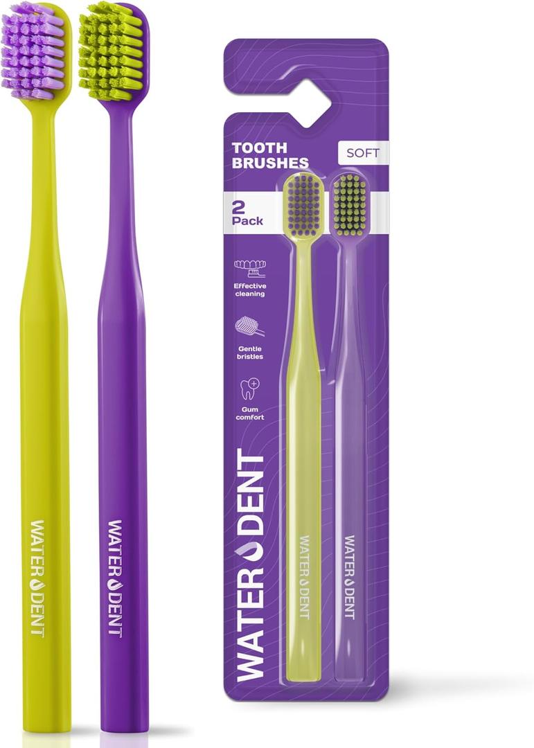 Medium Soft Toothbrush for Adults | Ultra-Dense Rounded Bristles | Gentle on Gums | Deep Plaque Removal | Whiter Smile | Suitable for Braces | 2 Pack Multicolor (Green + Purple)