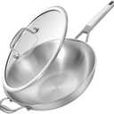 Inqibee 13 Inch Stainless Steel Wok with Lid, Induction Compatible Stir Fry Wok Pan, Long Handle & Helper Handle, Tri-Ply Construction, Works on All Stovetops, Oven & Dishwasher Safe