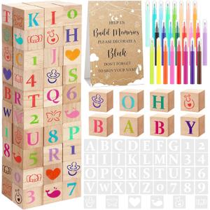 147 Pcs Baby Shower Blocks Games Sets, 80 DIY Blank Wooden Block 42 Stencils 24 Watercolor Marker 1 Decorate a Block Game Sign for Gender Reveal Baby Shower Party Supplies(Kraft)