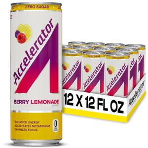 Accelerator Active Energy Drink Sugar Free Zero Carbs, Berry Lemonade 12oz can(12 pack) Enhanced Focus & Sustained Energy from 100% Natural Caffeine (200mg), Ashwagandha, Coq10 & Green Tea Extract, Best By: 06/26