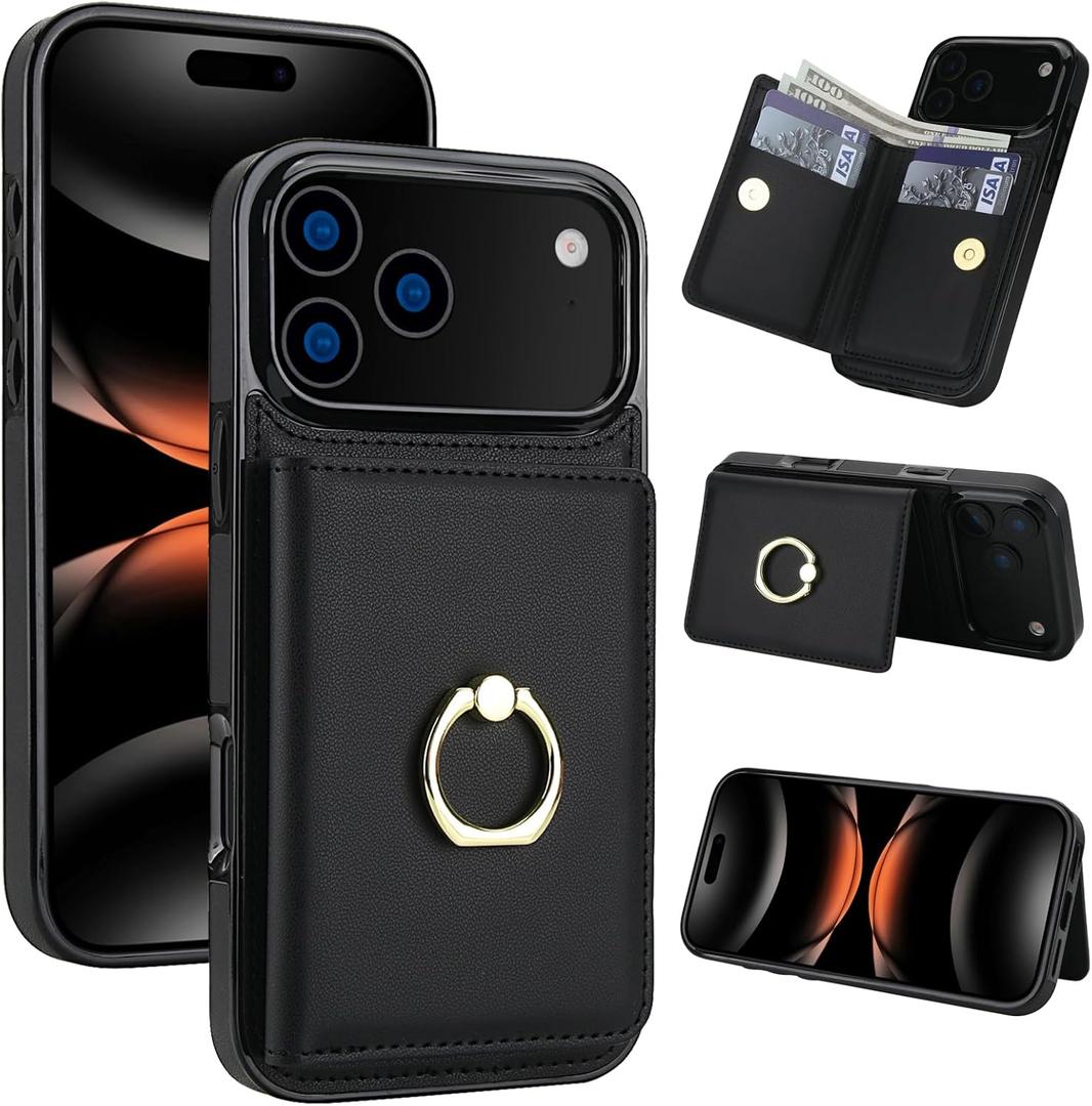 TIANLI Compatible with iPhone 17 Pro Max Wallet Case with Card Holder, 360° Rotation Ring Kickstand RFID Blocking PU Leather Double Magnetic Clasp Shockproof Cover for Women Man, Black