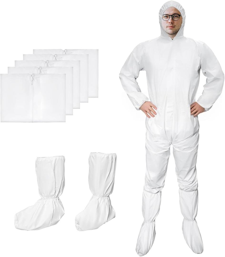 ETERNA Hazmat Suits- Disposable Protective Coveralls with Shoe Covers for Men & Women, PE & PPSB,Shield from Dirt, Dust (Large, White-5pack)