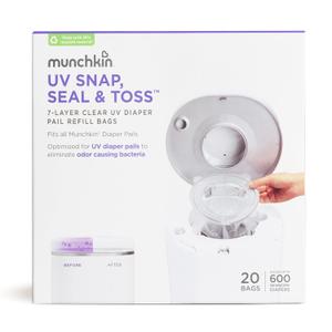 Munchkin UV Snap, Seal & Toss Diaper Pail Refill Bags, Holds up to 600 Newborn Diapers, 20 Pack