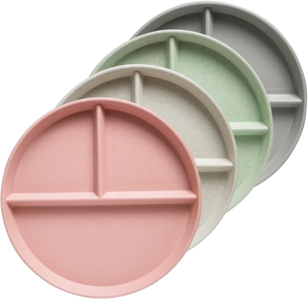 greenandlife 9 Inch (4PCS) Unbreakable Divided Plates for Kids Adults, Dishwasher & Microwave Safe Compartment Plate, Lightweight Reusable Plastic Portion Control Plates, BPA Free and Healthy (INS Series)
