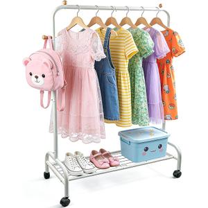 AMDBHC Kids Clothing Rack with Wheels and Bottom Storage Shelf Baby Dress up Rack for Hanging Clothes White Metal