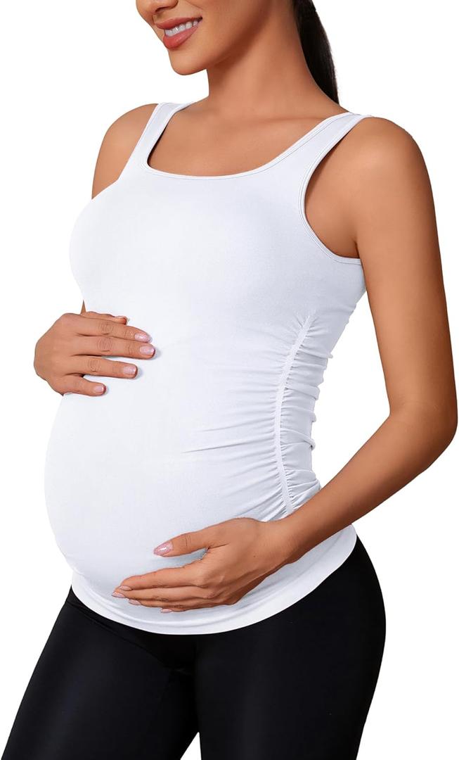 ATTRACO Maternity Tank Tops Seamless Side Ruche Sleeveless Pregnancy Basic Shirt with Built in Bra (Large, White)