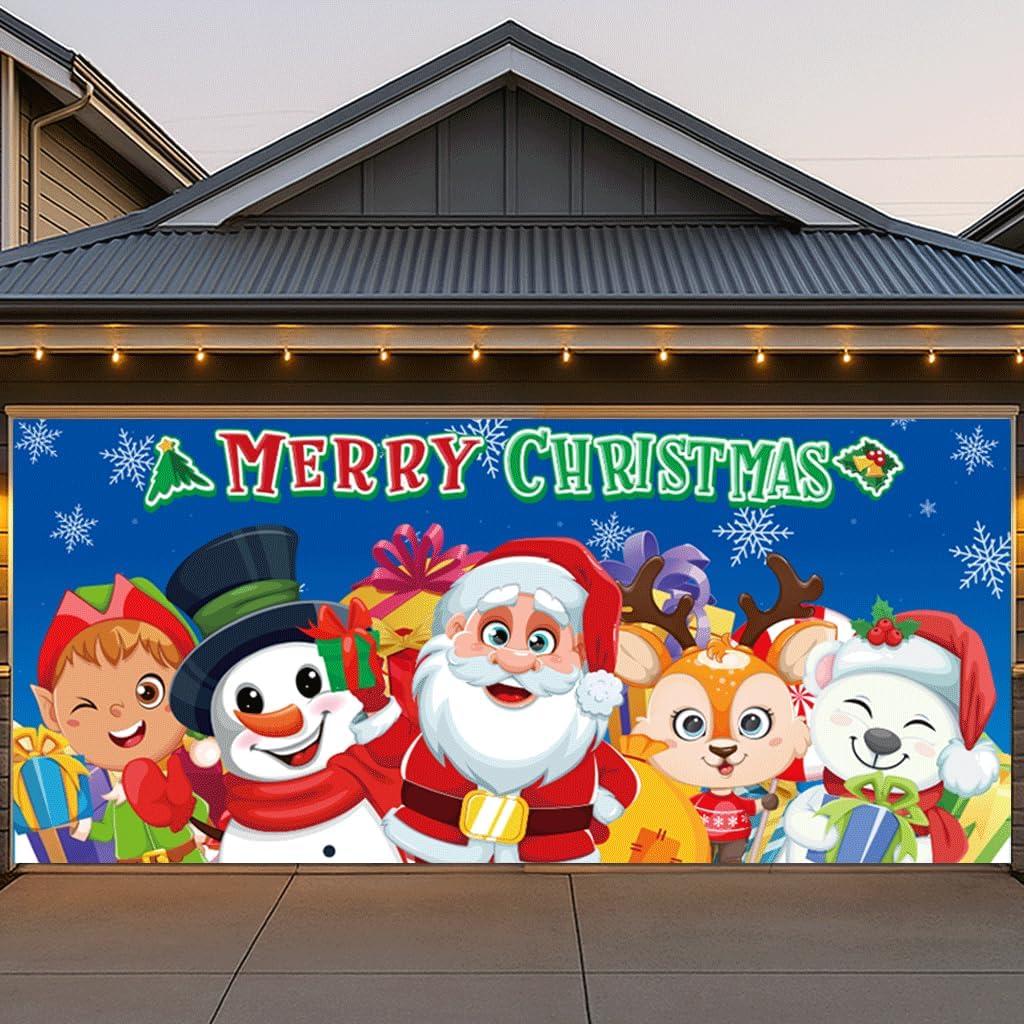 Garage Door Christmas Cover 7x16FT: Garage Santa Buddy Christmas Decorations with Bar Magnets & Ropes, Holiday Garage Door Banner Decorative Xmas, Party Wall Backdrop Indoor Outdoor