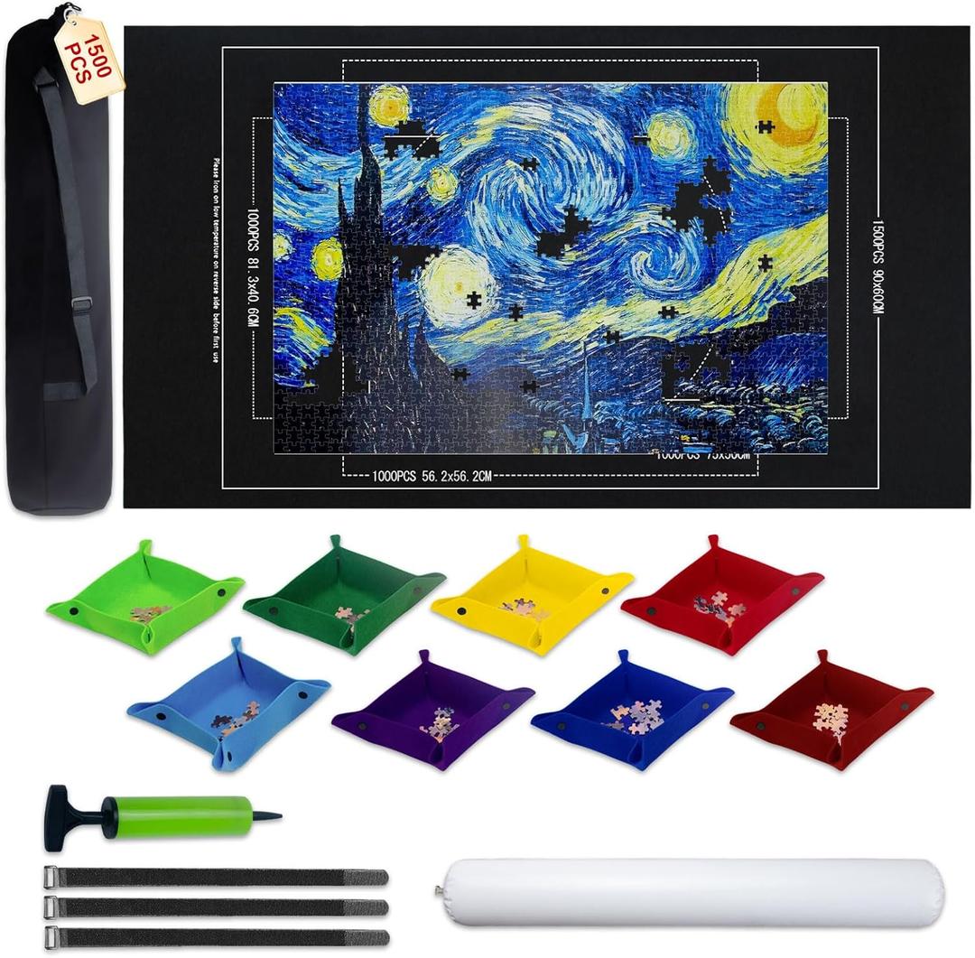 Large Puzzle Roll Up Mat with 8 Sorting Trays & Air Pump System, 46x26 Inch Portable Puzzle Storage Mat for 500 to 1500 Piece Puzzles, Includes Storage Bag