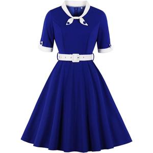 1950s Dresses for Women Vintage Rockabilly Retro Short Sleeve Tie Midi Dress Cocktail Party Evening Prom Gown (Small, Royal Blue+white)