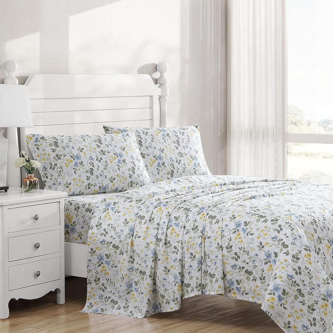 Laura Ashley - King Sheet Set, Buttery-Soft Bed Sheets with a Naturally Silky Smooth Cotton Sateen Lightweight Feel - Matching Pillowcases & Fitted Sheet (Meadow Floral Blue)