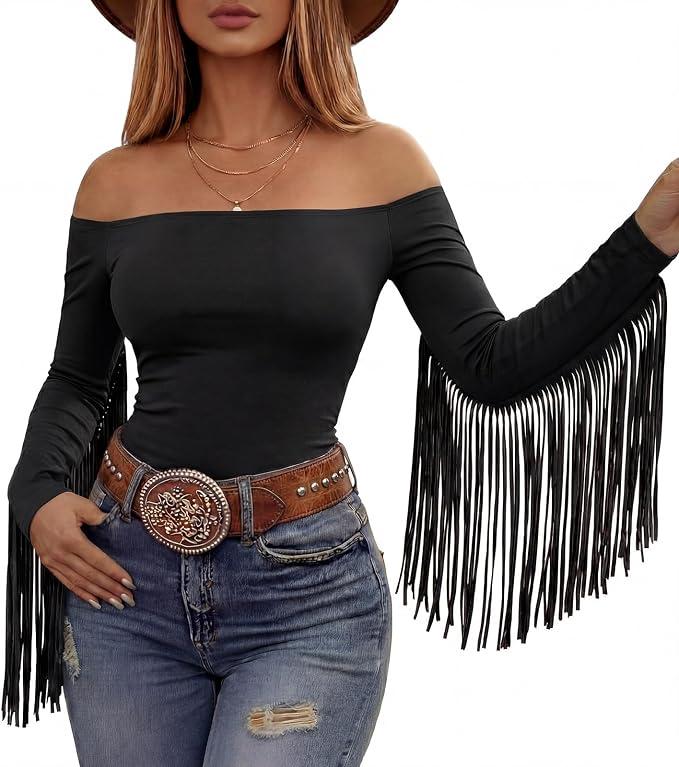 Women Fringe Top Western Off Shoulder Cowgirl Shirt Fitted Long Sleeve Tassels Top Country Concert Festival Outfit Large