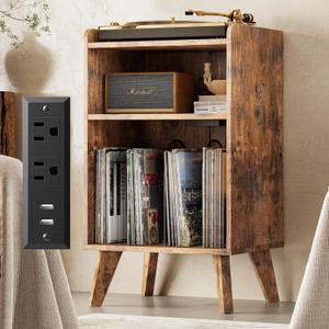 Record Player Stand, Turntable Stand with Record Storage and Charging Station & USB Ports, Record Player Table with Metal Divider, Record Stand Up to 160 Albums for Living Room, Bedroom Brown, 19.7 x 15.7 x 29.7 inches