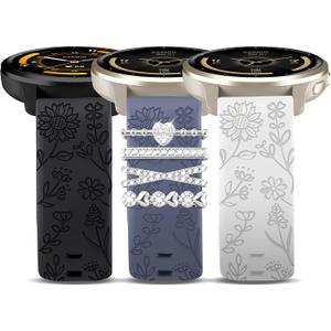 18mm Sunflower Silicone Band Compatible with Garmin Vivoactive 4S/Venu 2S/Venu 3S/Vivomove 3S, Women Flower Engraved Silicone Replacement Strap Compatible with Garmin Forerunner 255S/265S