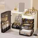 DASITON Makeup Organizer for Vanity,Large Capacity Makeup Storage Organizer with 3-Layer Drawers and Mirror,Cosmetics Display Case Make up Organizers for Vanity,Bedroom,Countertop(Black-Cream)