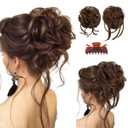 SARLA 2PCS Messy Bun Hair Pieces for Women Detachable Claw Clip Wavy Curly Synthetic Hairpieces for Updos with Tendrils Fake Scrunchies Ponytail Extension Chocolate Multi