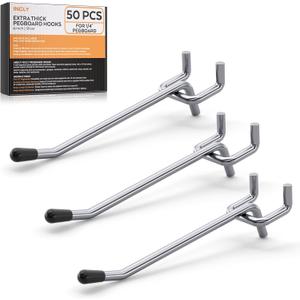 INCLY 50 Pack 4 Inch Pegboard Hooks, 1/4" Heavy Duty Peg Board Hooks Accessories with Rubber Tipped, Peg Board Tool Hangers Fit 1/4" Pegboard for Hanging Tools Garage, Craft Room, Kitchen, Store