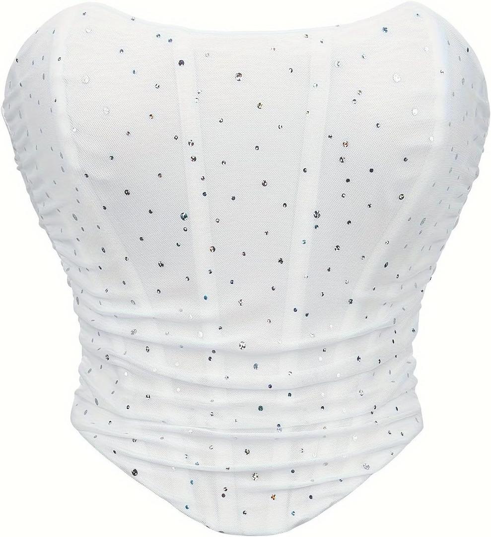 SHYMMUO Women Black Corset Tops Satin Summer Going Out Strapless Bustier Crop Top for Party,Gothic,Halloween Costumes (X-Large, White Sequin)