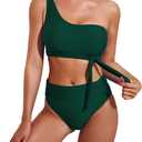 Pink Queen Women's One Shoulder High Waisted Bikini Set Two Piece Tie Ruched Swimsuit (Large, Dark Green)