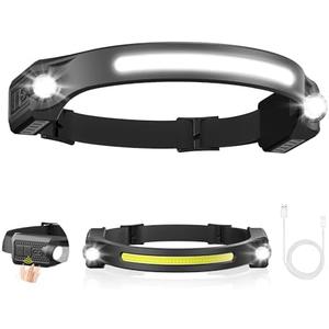AlpsWolf LED Headlamp Rechargeable, 2 XPE LED and COB LED Head Lamp, Sensor Mode, 260° Wide Beam, IPX4 Waterproof, Rechargeable Headlight for Camping Accessories (1 Pack)