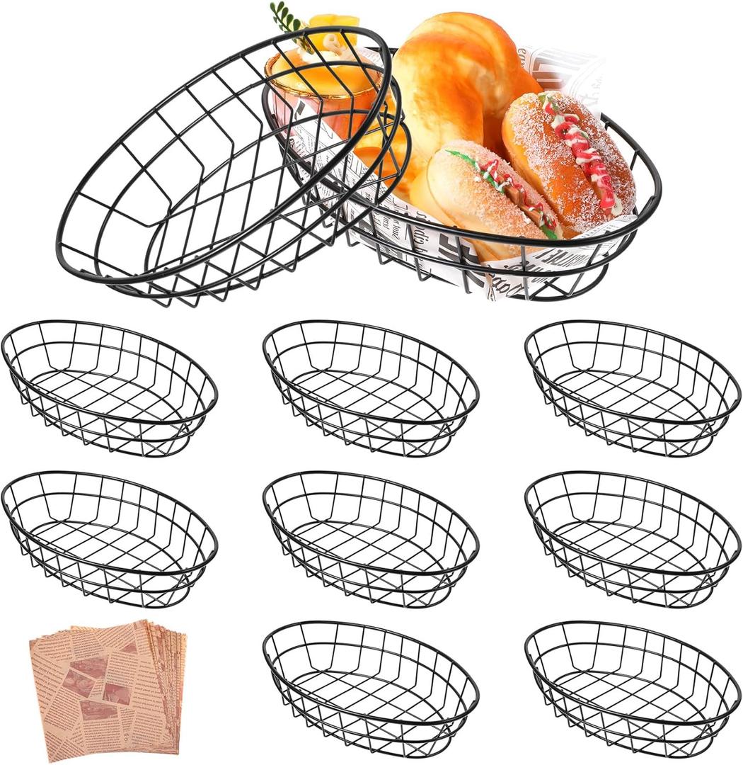 8 Pcs Wire Bread Basket Oval Metal Dinner Roll Baskets for Serving Fruit Bowl Basket Storage with 100 Sheets Deli Wrappers Paper for Kitchen Table Fast Food Burger 9.6 x 6.1 x 2.1 IN