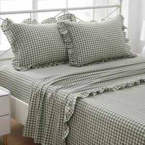 Sage Green Plaid Ruffle Sheets Queen Size 4-Piece Set, 300TC 100% Yarn Dyed Cotton Sheets Deep Pocket Farmhouse Gingham Decorative Bed Set (Sage Green/White Plaid, Queen)