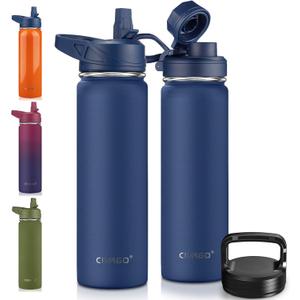 CIVAGO 22 oz Insulated Water Bottle With Straw, Stainless Steel Sports Water Flask Cup with 3 Lids (Straw, Portable Spout and Handle Lid), Double Walled Travel Thermal Canteen Mug, Navy Blue