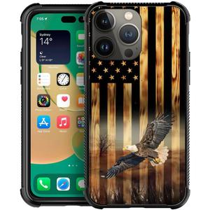 DAIZAG Compatible with iPhone 14 Pro Max Case, All-Round Protection Shockproof Anti-Scratches TPU Cover, Cases for Man Woman-Flying Eagle American Wood Grain Flag