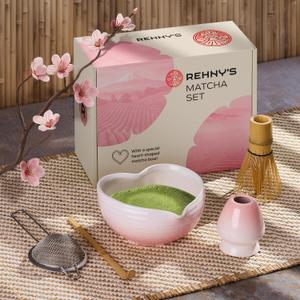 Rehnys Matcha Whisk Set | Complete Pink Matcha Set w/Heart-Shaped Bowl, Bamboo Whisk, Holder, Stainless Steel Sifter, Bamboo Scoop | Cute Gift Present Macha Kit Handmade Bowl | Macha Powder Tea Kit