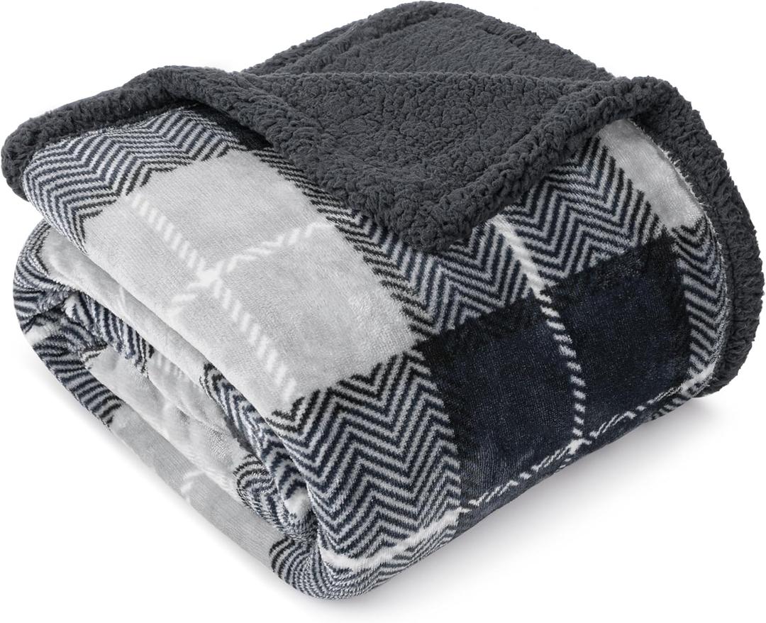 PAVILIA Premium Sherpa Twin Size Blanket | Plaid Design Flannel Fleece Twin Bed Blanket | Plush, Soft, Cozy, Warm, Lightweight Microfiber, Reversible, All Season Use (Plaid Charcoal , 60 x 80 Inches)