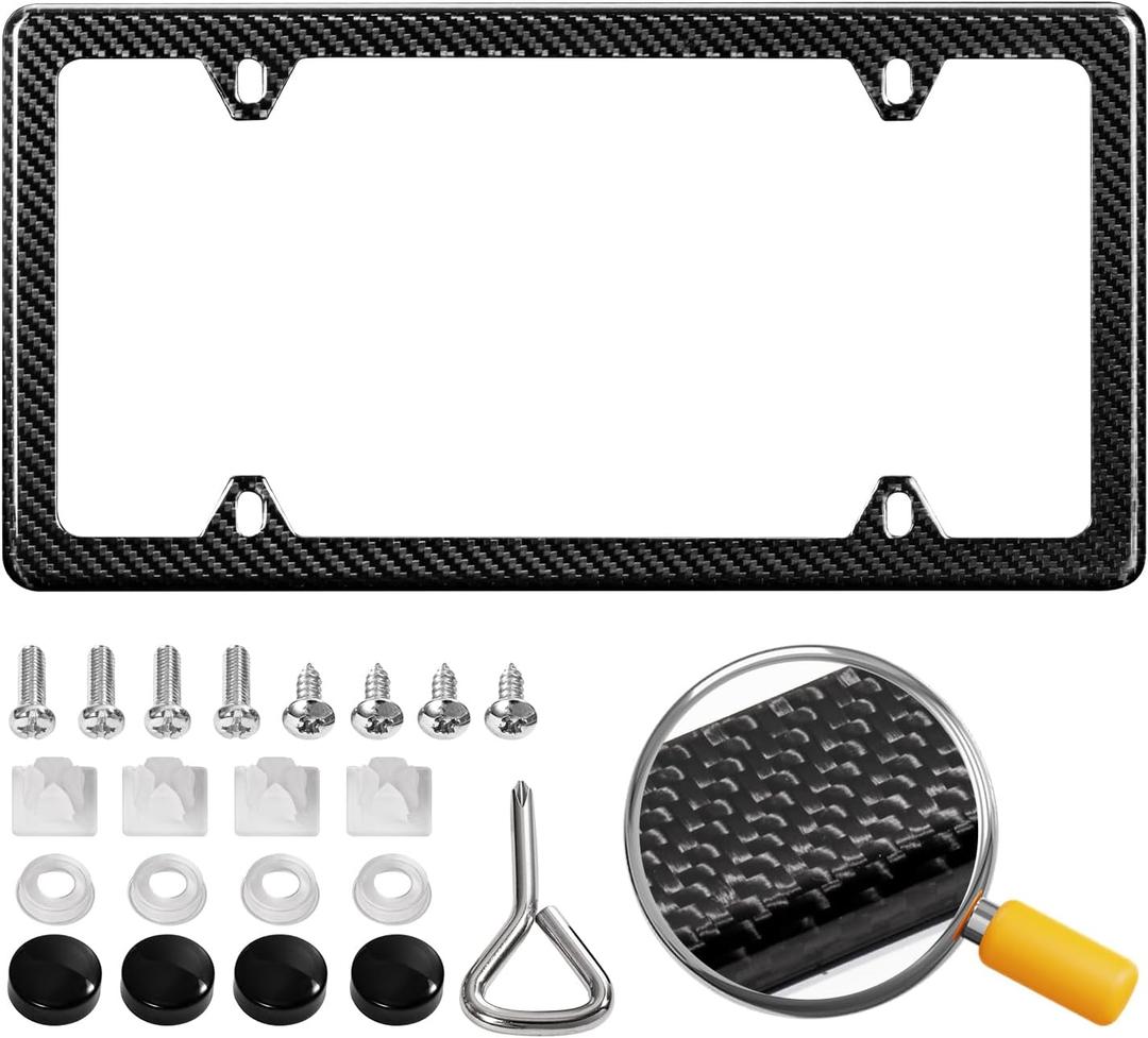 Real Carbon Fiber License Plate Frame, 100% Pure Carbon Fiber Frame, Black License Plate Holder Cover with Screw Caps, Anti-Vibration Pads (Twill 4 Hole)