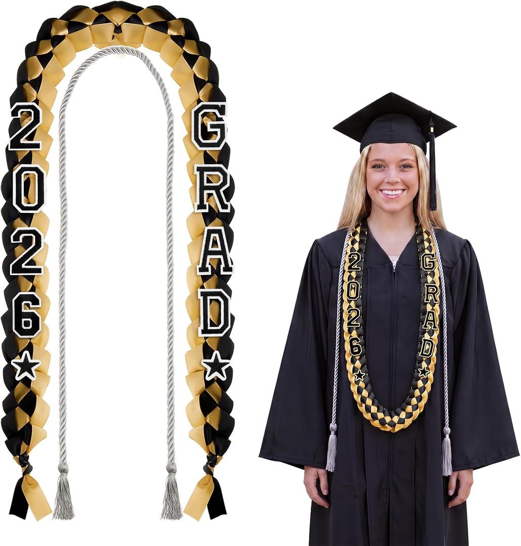 Cindeer 2026 Graduation Ribbon Lei Set Handmade Braided Necklace Honor Cord with Tassel 2026 Grad Embroidery Patches for High School College Graduation Party Supplies(Black, Gold)