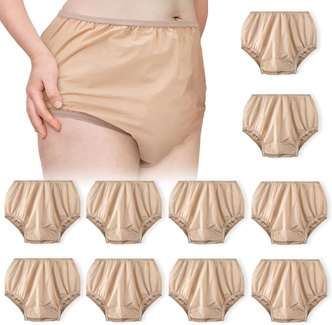 10 Pcs Adult Plastic Diaper Cover Pull-On Cover Plastic Pants Reusable Incontinence Waterproof Pants(Small,Beige)