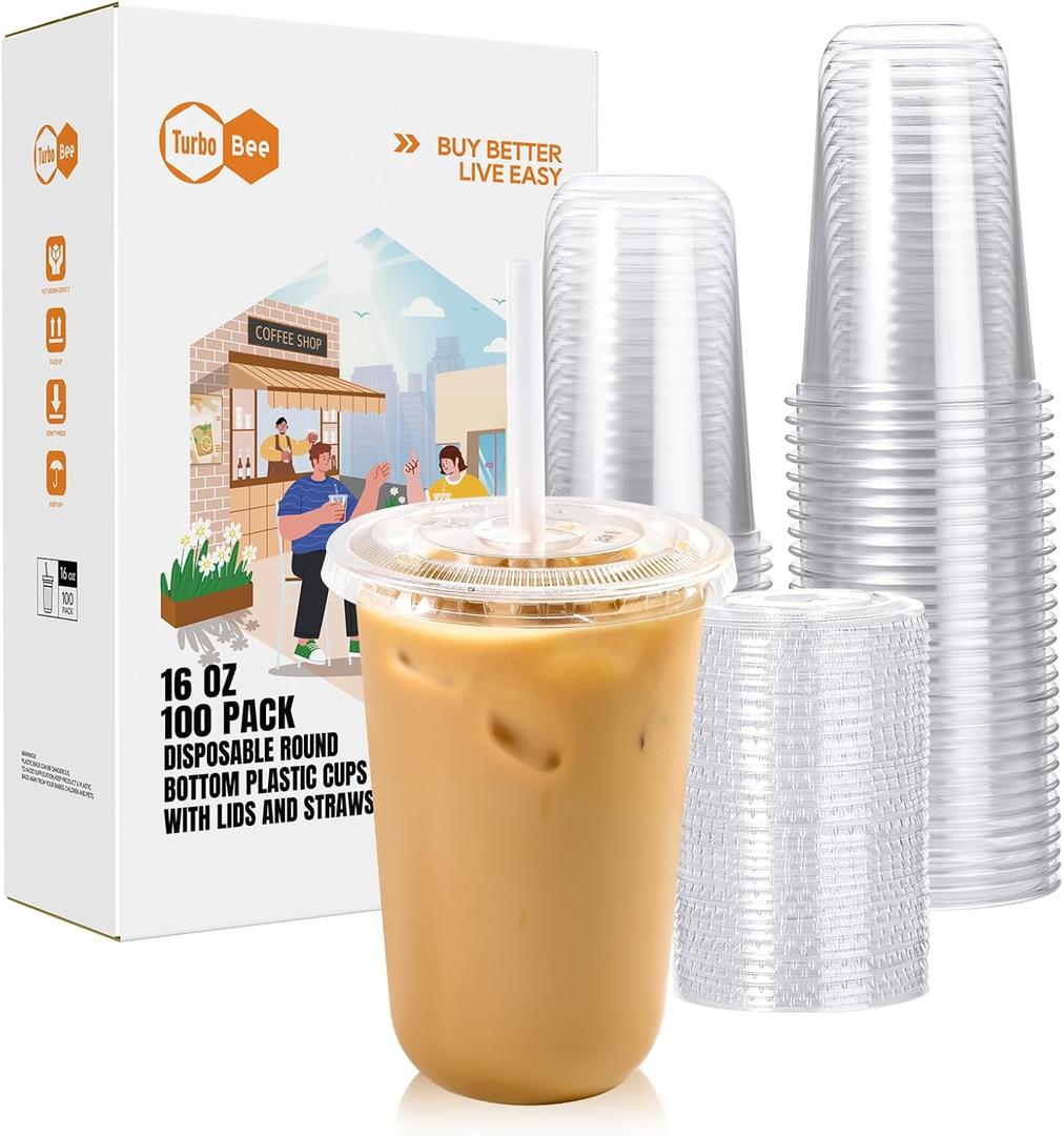 Turbo Bee 100 Pack - 16 OZ Round Bottom Plastic Cups with Lids and Straws, Disposable Clear Iced Coffee Cups with Lids for Cold Drinks and Beverages