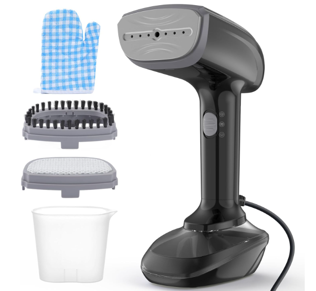 Powerful Handheld Fabric Steamer  1800W with Fast Ceramic HeatUp Plate, 2in1 Ironing & Wrinkle Remover, Steam Nozzle, Lint Brush  Black, for US 120V Only